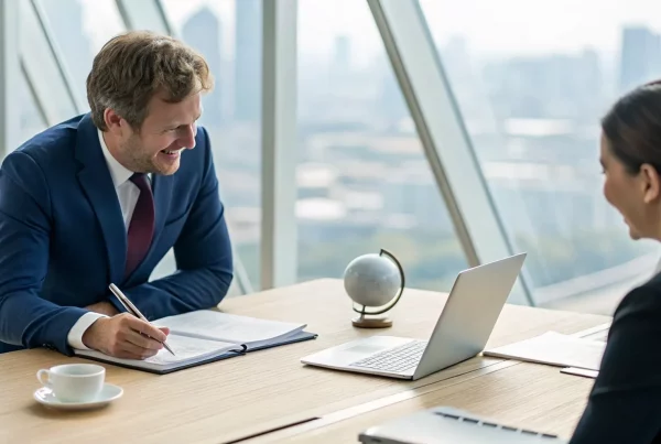 Immigration lawyer providing a free consultation to a client in an office.