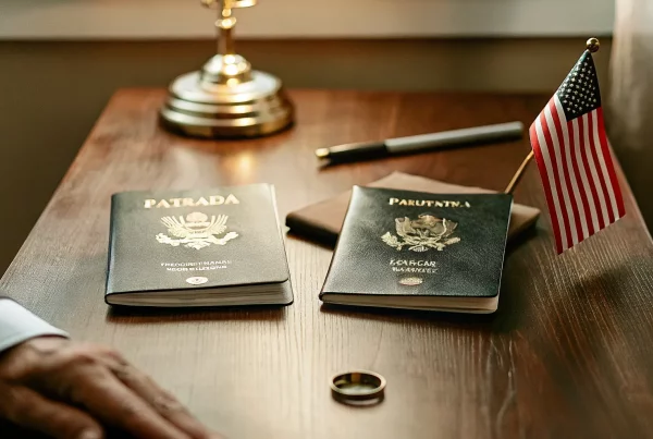 canadian-spousal-sponsorship-common-law-vs-marriage-paths-compared-361505 - Nanua & Ioffe Lawyers Canadian and American passports on a desk with a Canadian flag pin and wedding ring, legal consultation theme