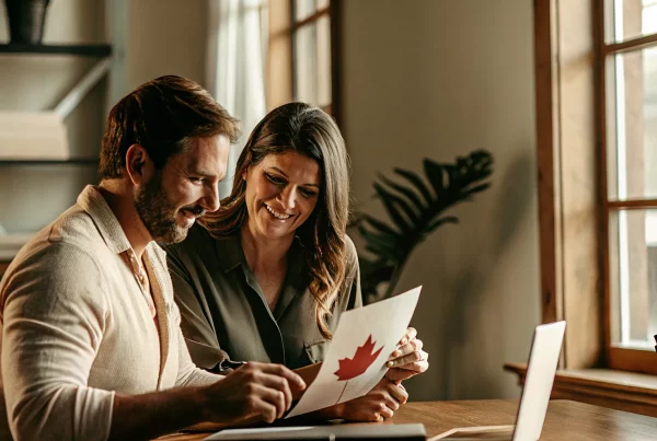 Canadian couple reviewing immigration documents together in a bright home office