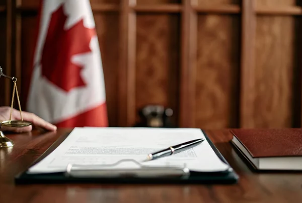 A professional document preparation workspace featuring a Canadian passport, birth certificates, and a checklist on a desk